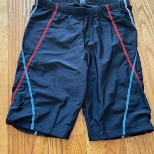 SHEIN Men's Black Athletic Shorts with Red and Blue Stripes
